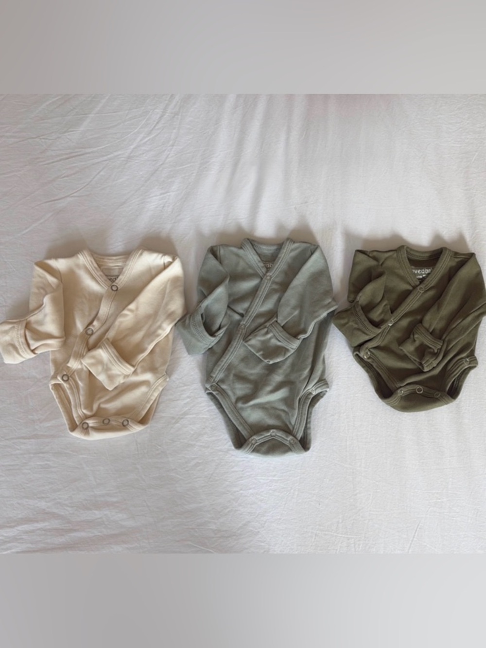 L'ovedbaby Wrap-Front One-Piece Bodysuits in Sage, Olive, and Cream